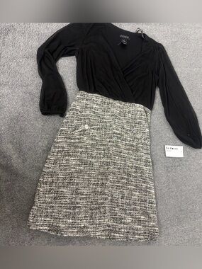Enfocus Dress sz 8 Surplice Black Sheer Long Sleeve Two Tone Tweed Print Stretch